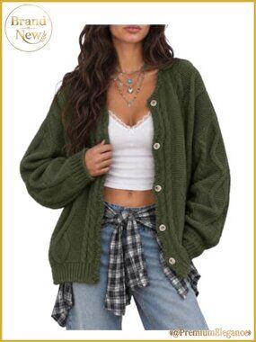 Oversized Chunky Cable Knit Cardigan Button Up Long Sweater